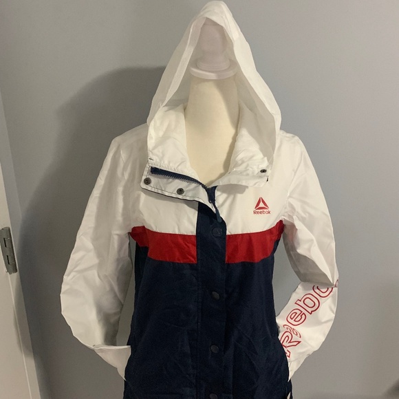 Reebok NEW Color Block Jacket White Navy Red Medium Lightweight Hood Outdoor - Picture 3 of 8